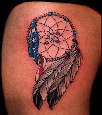 Dreamcatcher Tattoo In Red, Blue And White