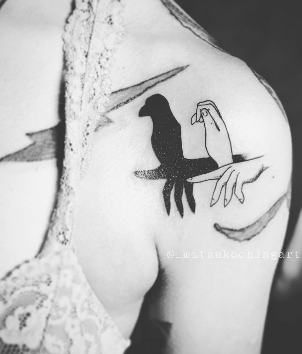 Eye-catching Hand Shadow Shoulder Tattoo With Bird
