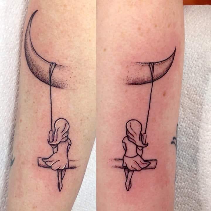 Eye-catching Mother Daughter Moon Tattoo With Girl On Swing