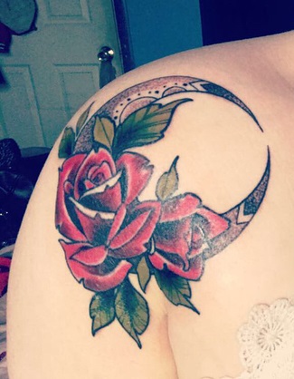 Fresh Rose On Moon Inked On Shoulder