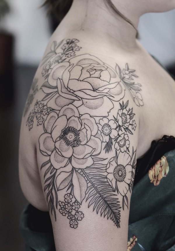 Lightly Shaded Bunch Of Flowers Tattoo For Shoulder