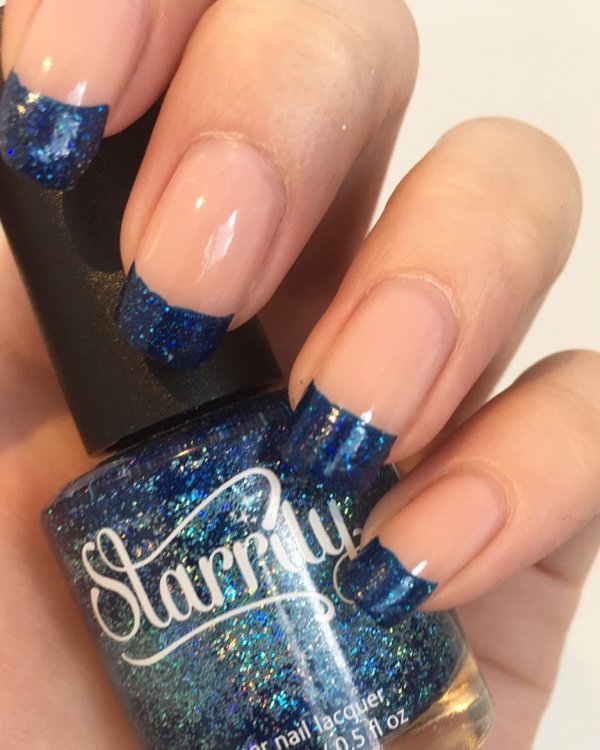Nude Long Nails With Blue Sparking Tips