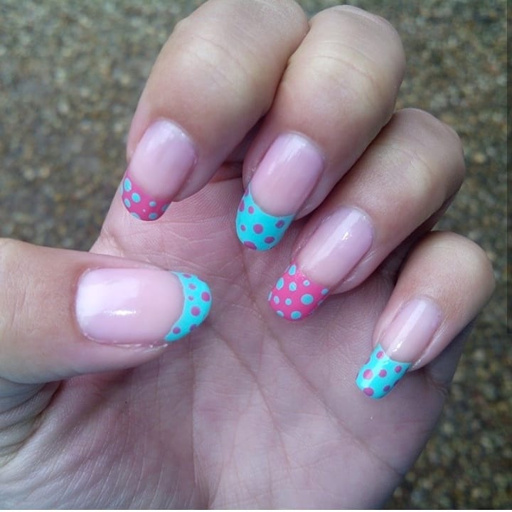 Pink And Blue Polka Dots French Manicure