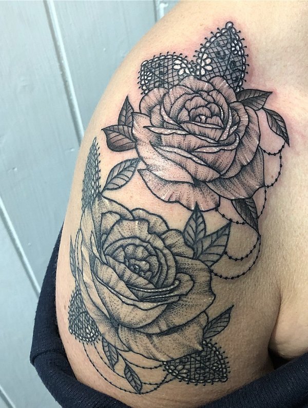 Pretty Dotwork Flower With Lace Tattoo