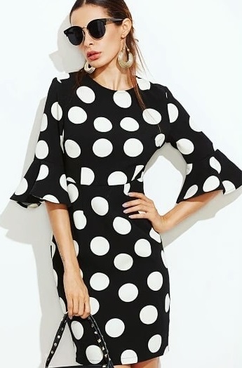 Retro Style Polka Dot Dress With Flute Sleeves