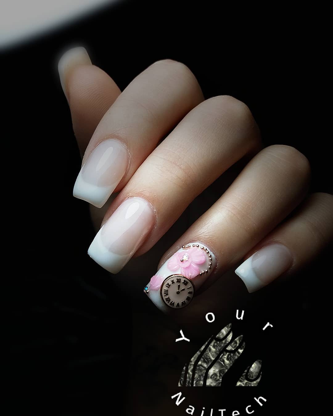 Square Shape French Manicure With 3D Decor
