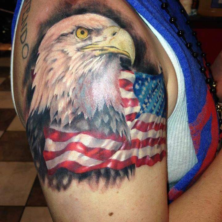 Stunning Eagle With Flag 4th July Half Sleeve Tattoo