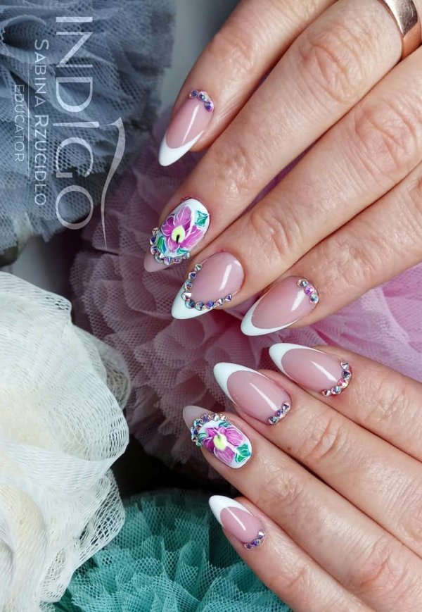 Stunning French Nails With Sparkling Beads