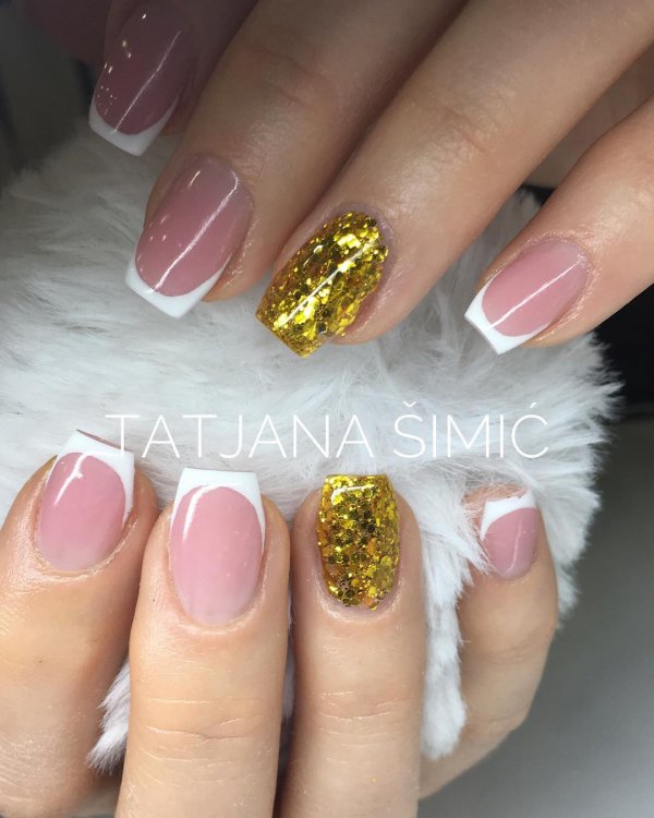 Swanky Golden Sparkle Nails With White French Tips