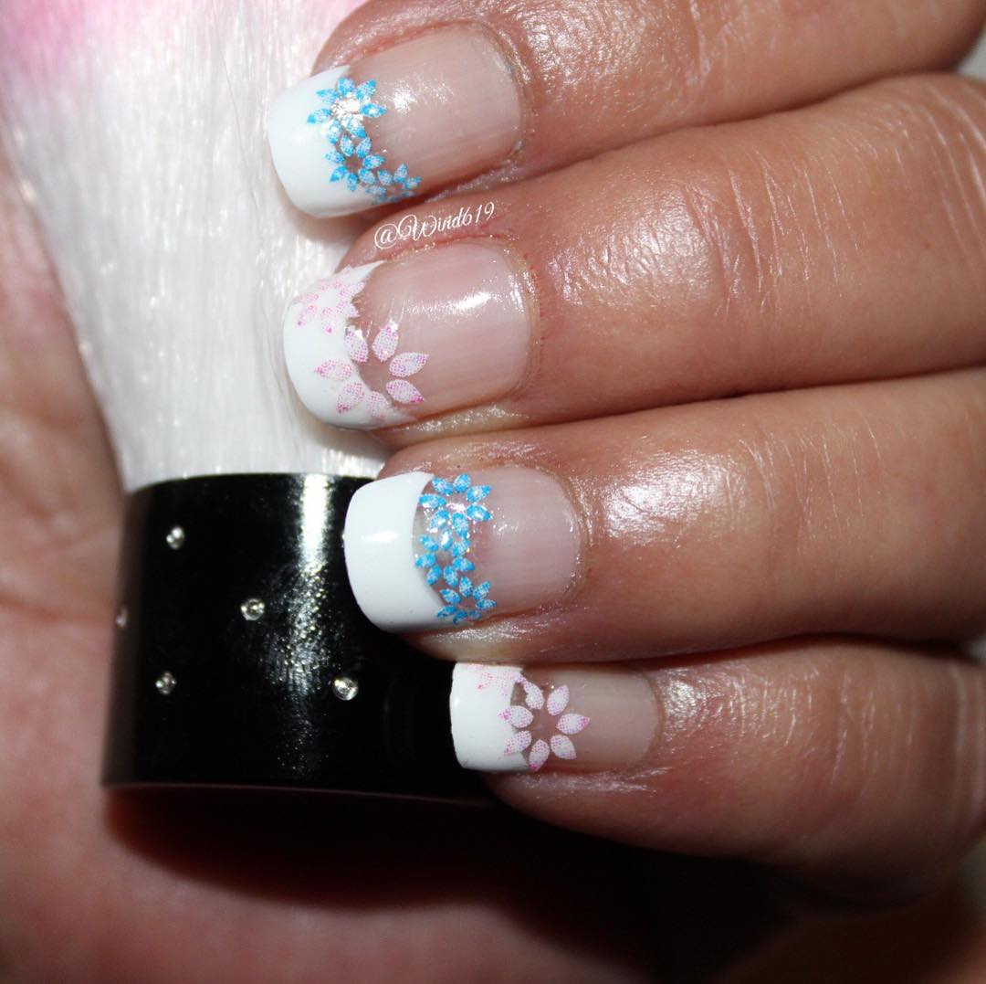 Thick White French Tip With Pink & Blue Flowers