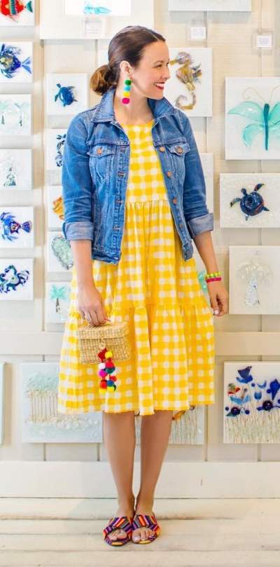 Yellow Check Dress, Denim Jacket And Colorful Flats