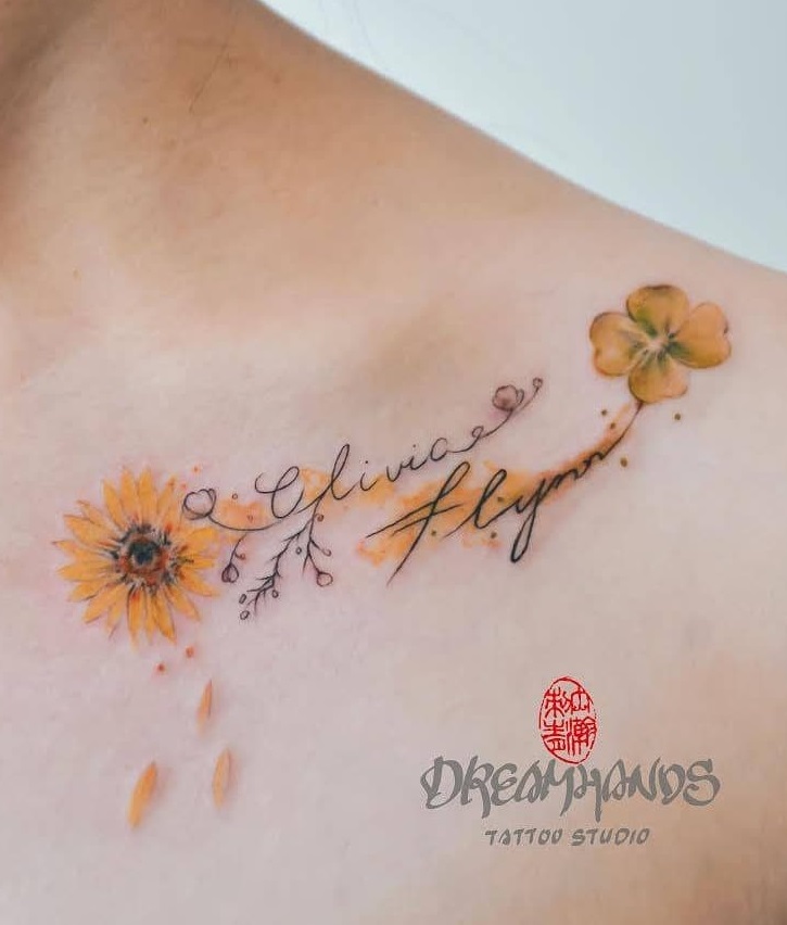 Yellow Flower With Quote - A Best Shoulder Tattoo Designs