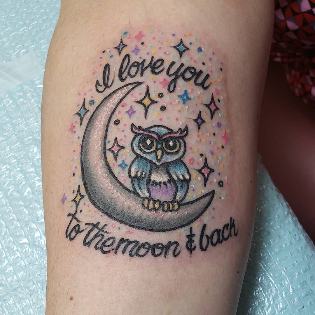 Absolutely Chic Sparkly Owl Tattoo Sitting On Moon