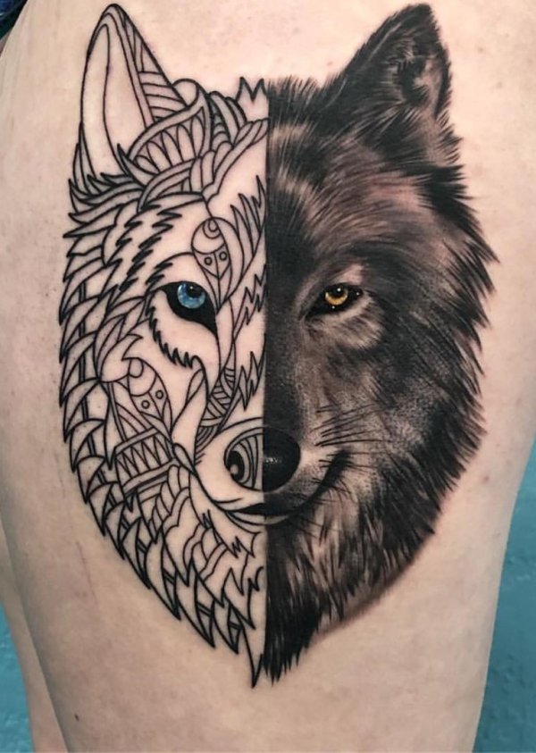 Adorable Wolf Tattoo Idea On Thigh