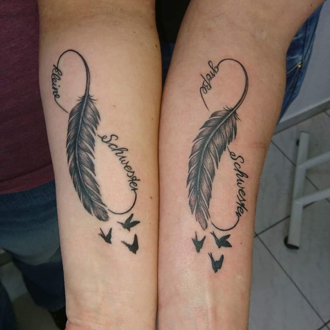 Alluring Feather And Infinity Matching Sister Tattoo