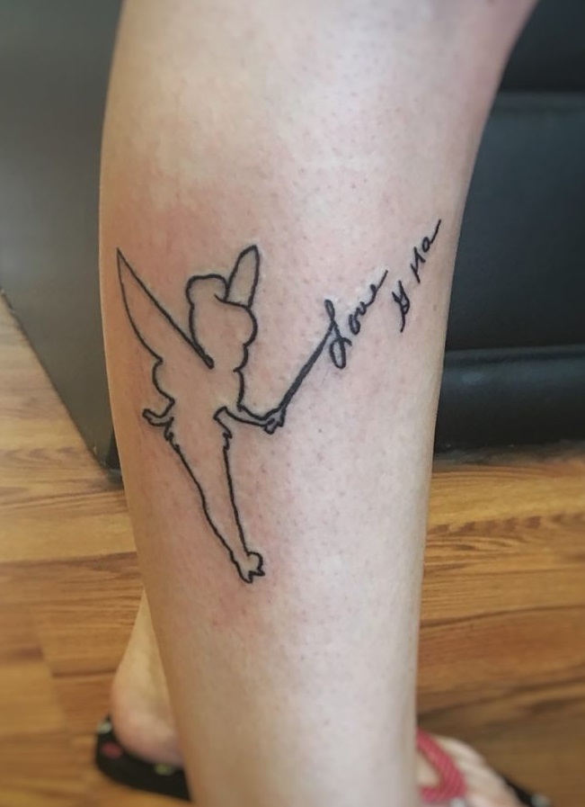 Alluring Fineline Tinker Belle Tattoo On Lower Leg