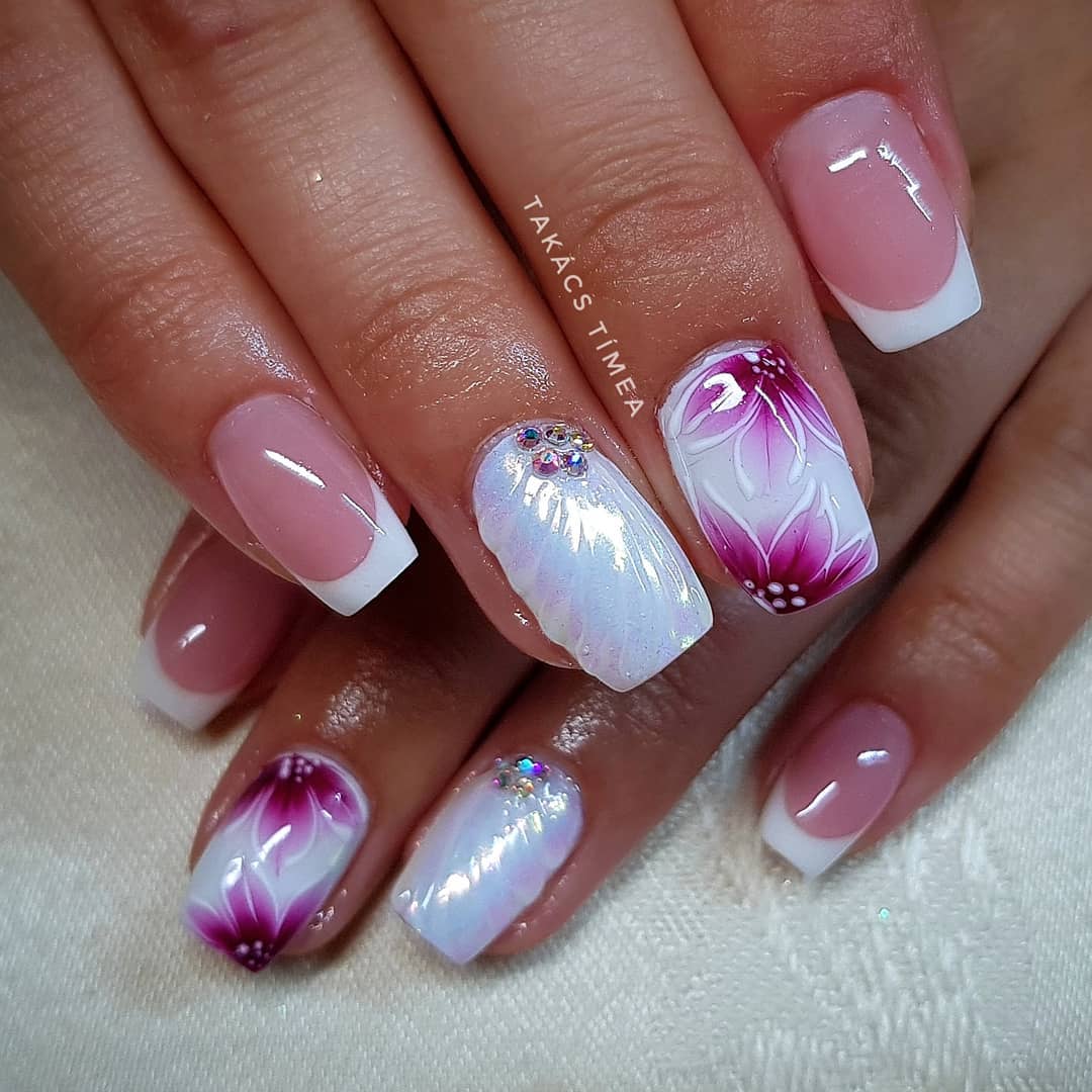 Alluring White French Floral Nails With Crystals