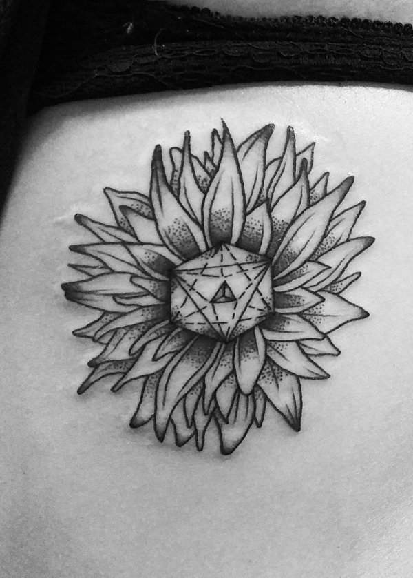 Amazing Geometric Style Sunflower Tattoo On Ribs