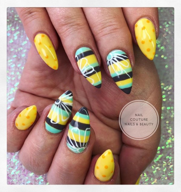 Awesome Yellow Nail Art With Flowers, Stripes And Dots