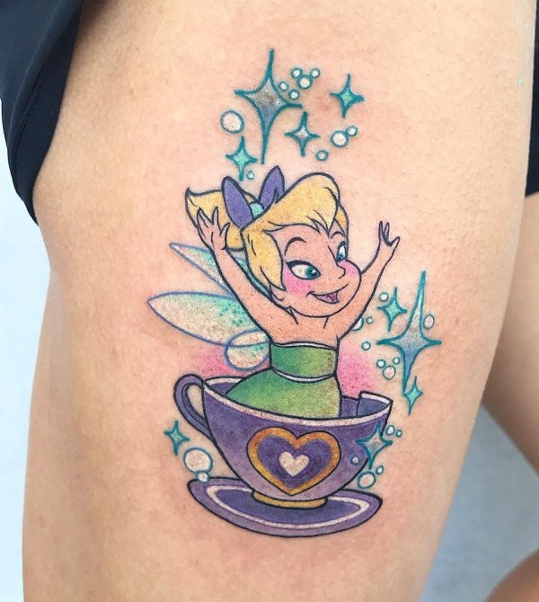 Baby Tea Cup Riding Thigh Tattoo