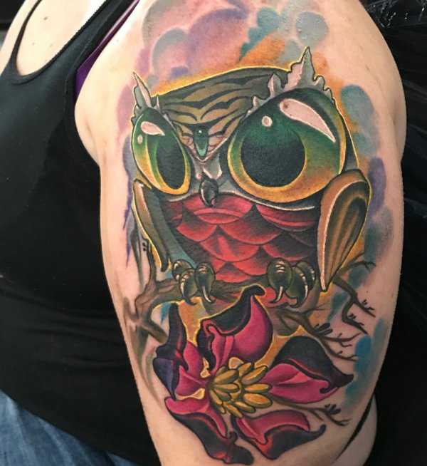 Big Eyes Water Color Tattoo Of Owl With Flowers