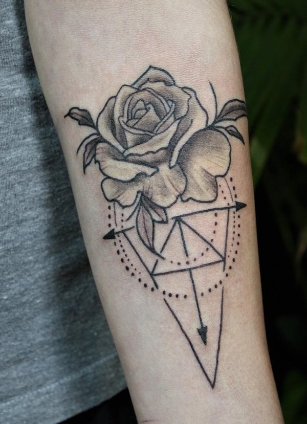 Big Pointillism Realistic Rose in Geometric Shape Tattoo