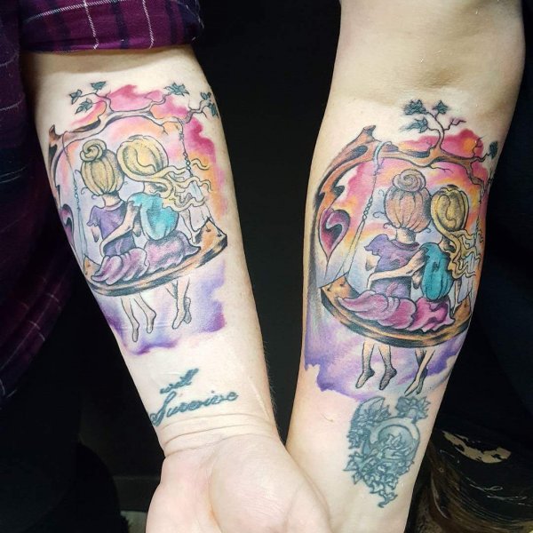 Big Watercolor Sister Tattoo On Forearm For Sisters