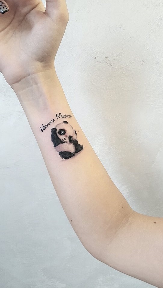 Black And White Cute Panda Bear Wrist Tattoo