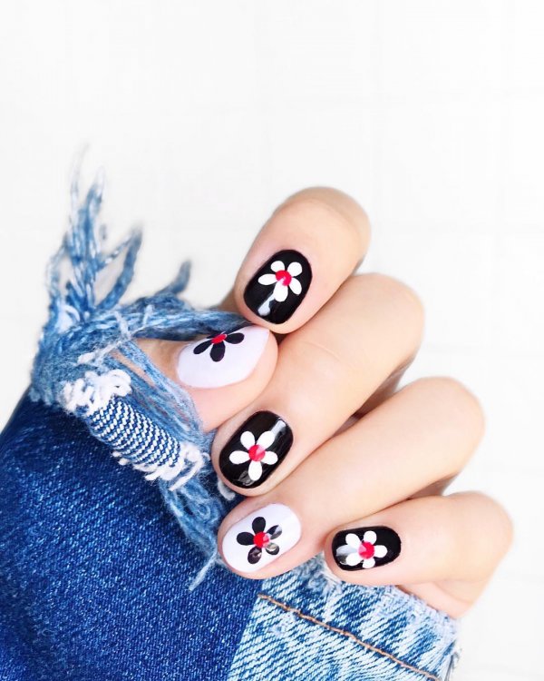 Black And White Nails With Flower