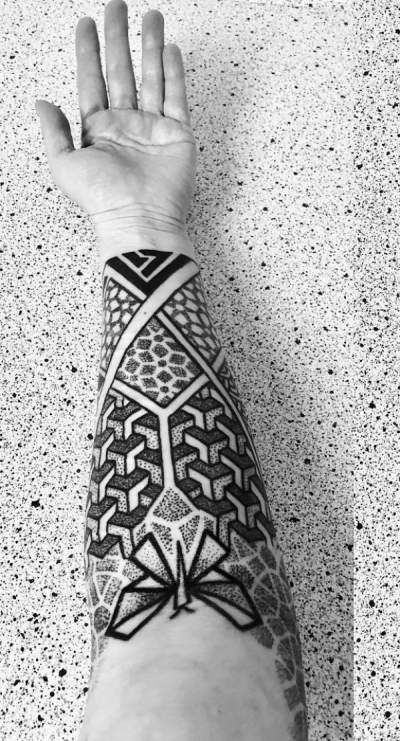 Black Ornamented Linework And Dotwork Geometric Tattoo Design On Arms