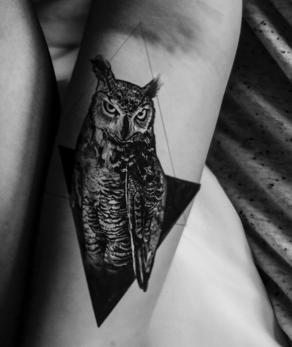 Black Realistic Owl Tattoo On Forearm