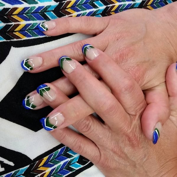 Blue and green french tips geometric nails
