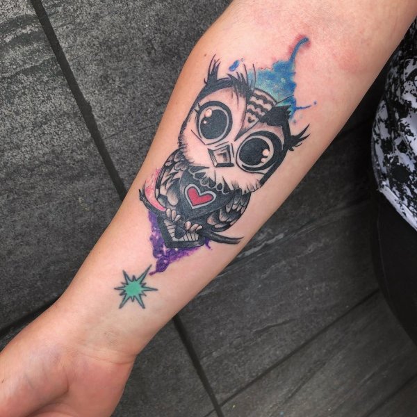 Boho Style Colorful Owl Tattoo With Heart