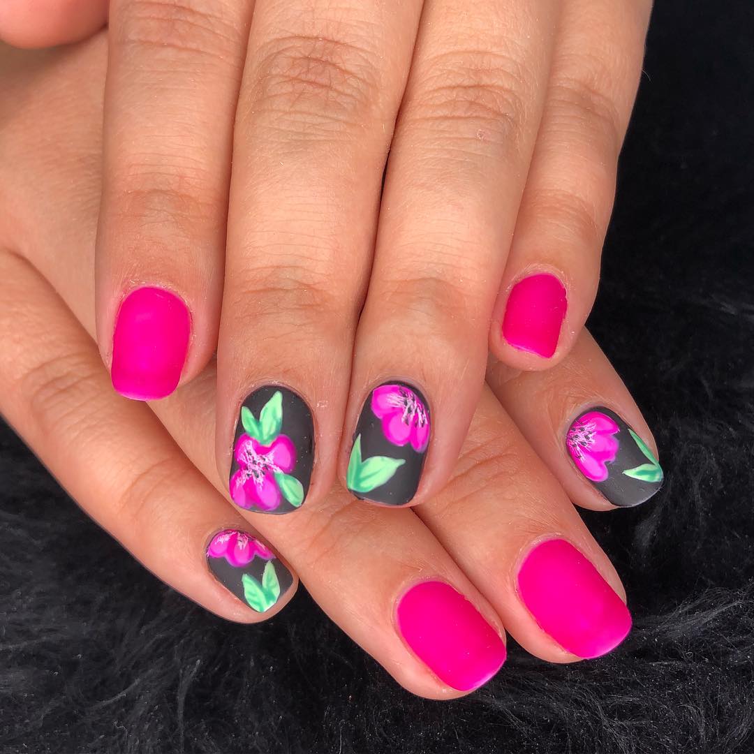 Bright Pink And Black Matte Nails With Flowers