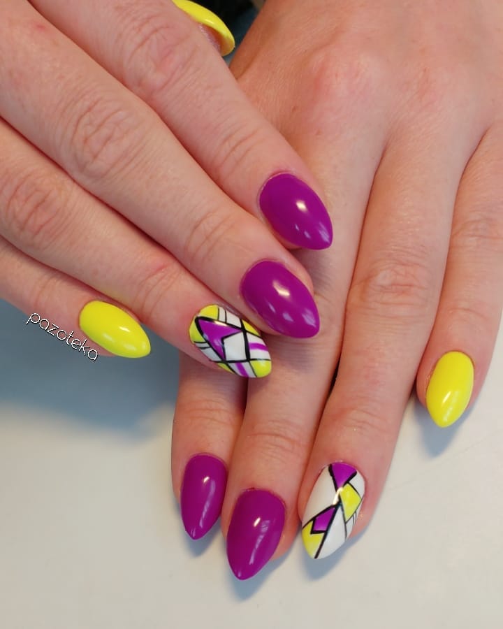 Bright yellow and purple geometric nails