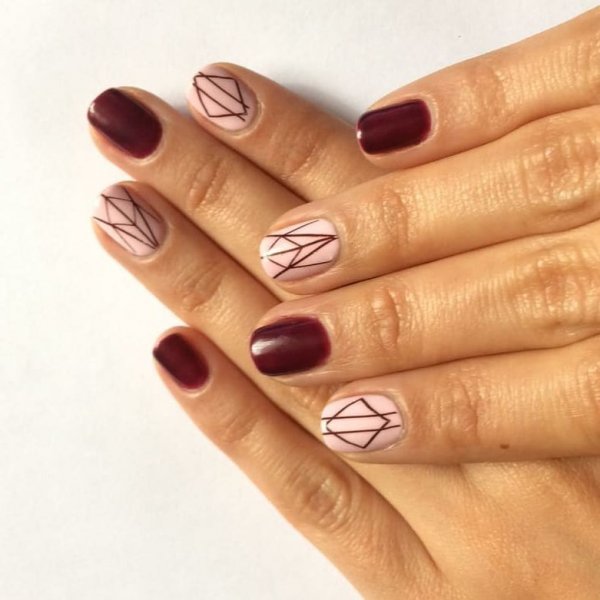 Brown and pink geometric nail art