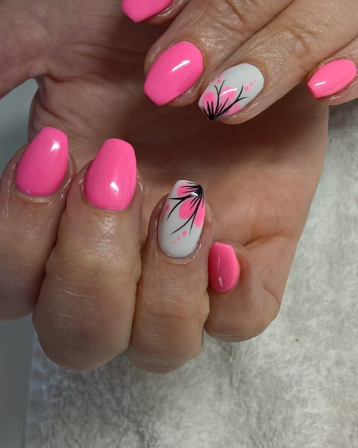 Charismatic Pink Nails With Flower At Corner