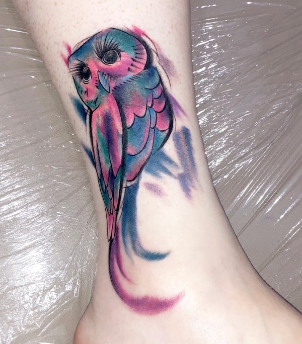 Charismatic Watercolor Owl Tattoo On Lower Leg