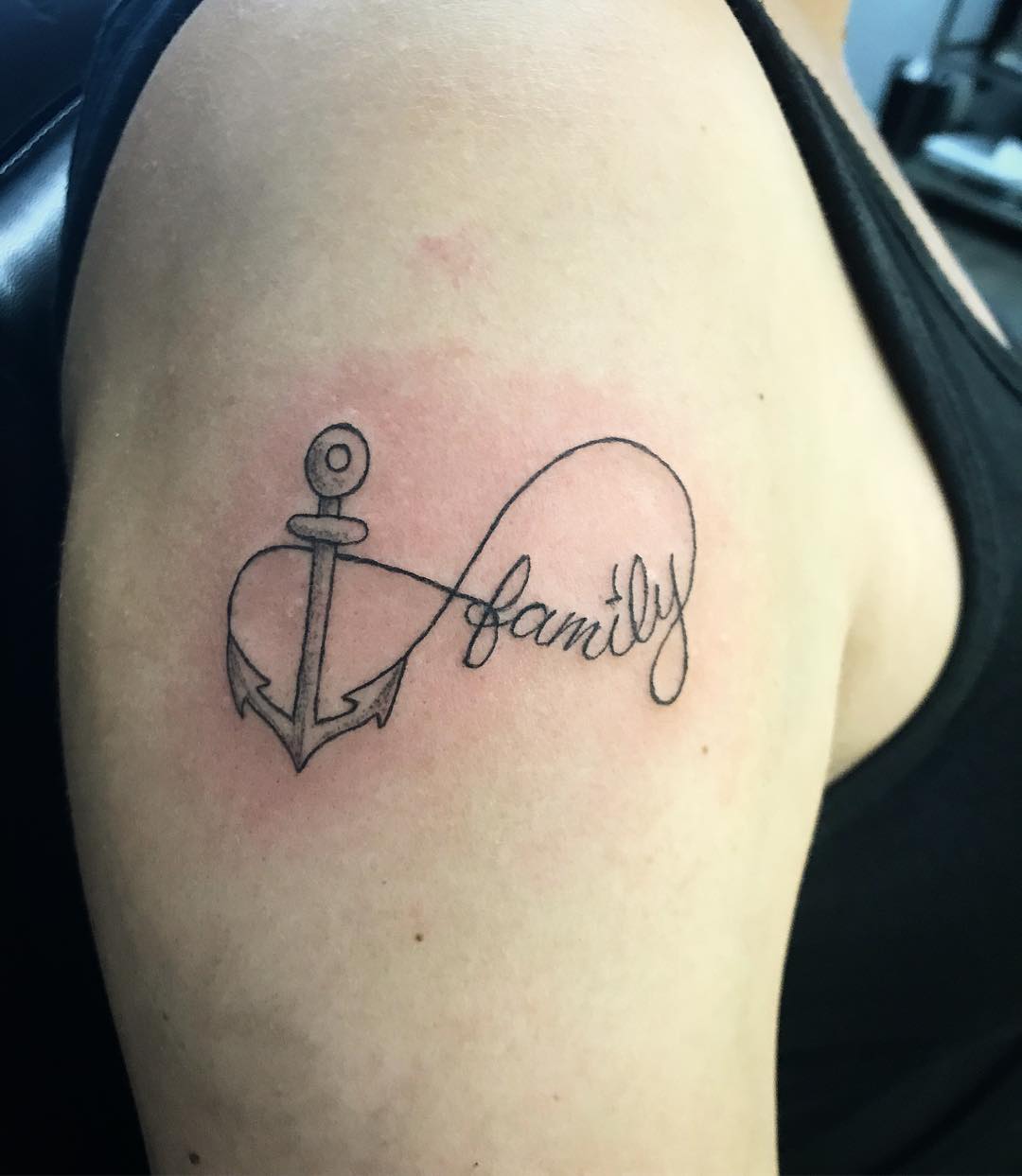 Chic Anchor family infinity tattoo on half sleeve