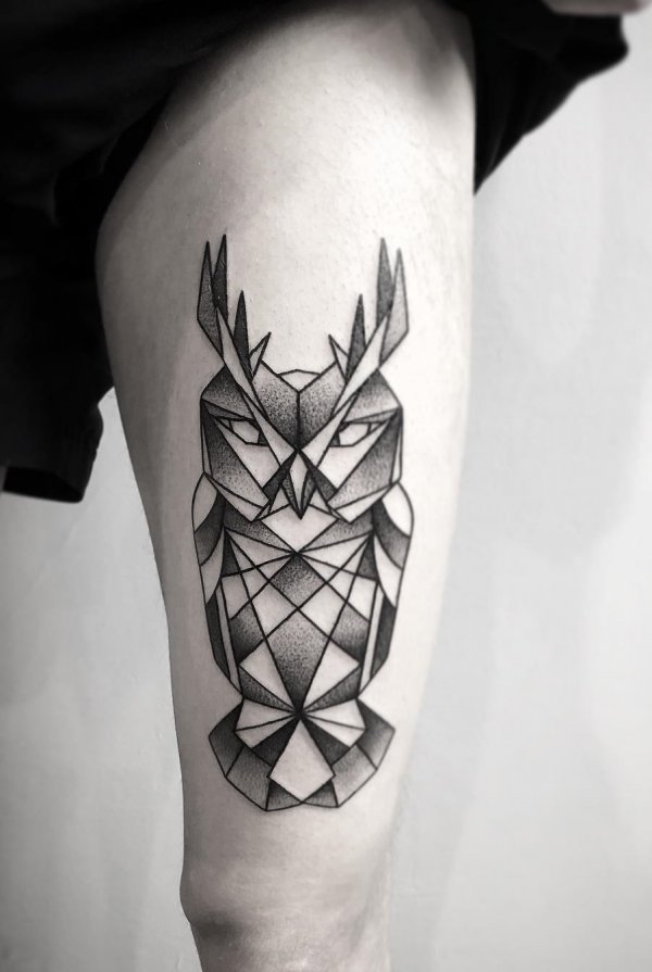 Chic Dotwork And Linework Geometric Owl Tattoo