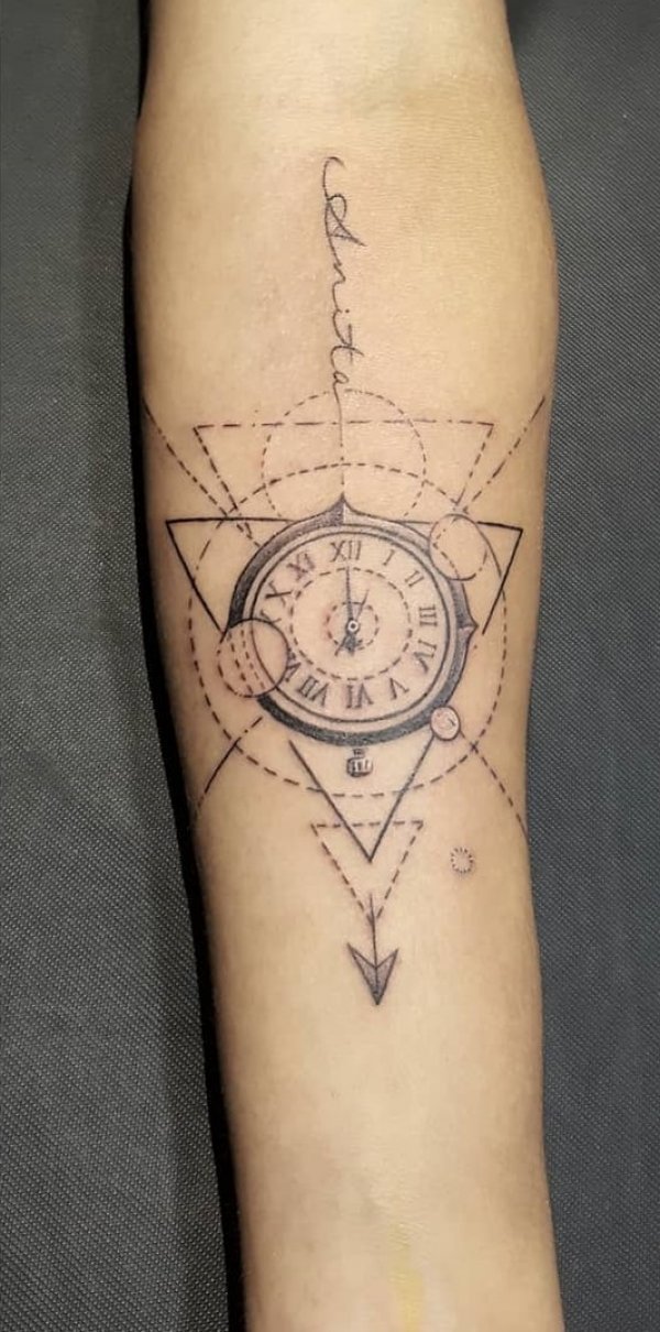 Clock Line Work Complex Symbol Tattoo On Forearm