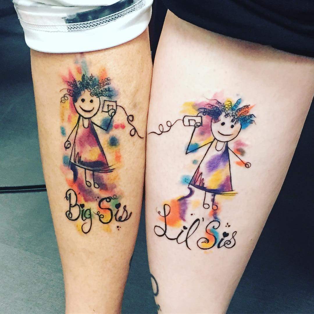 Colorful Big Sis And Lil Sis Connecting Inner Lower Arm Tattoo