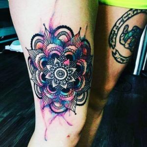 Colorful Geometric Mandala Thigh Tattoo Design