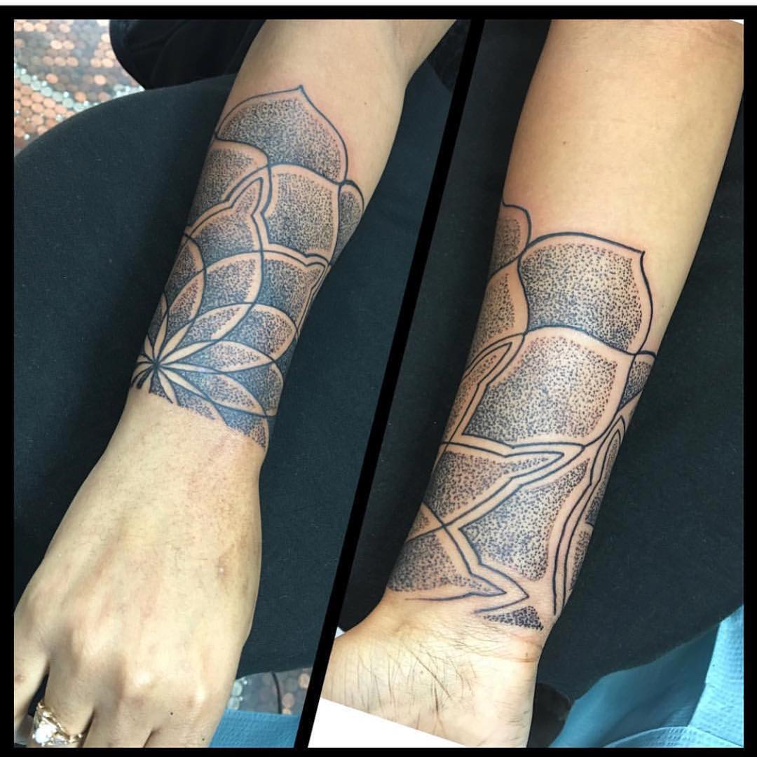 Cool Dotwork Geometric Flower Tattoo On Arm