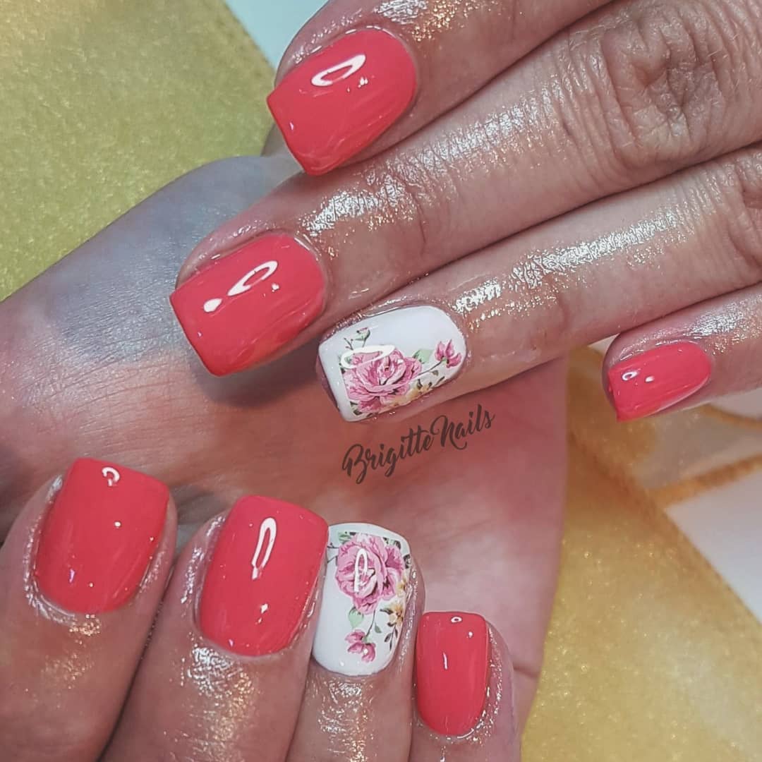 Coral And White Floral Nails