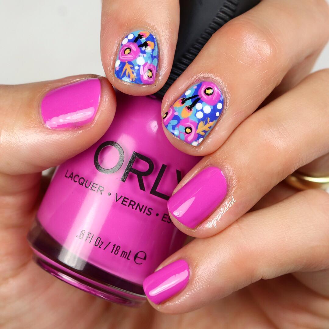 Dashing Bright Pink And Blue Nails With Flowers