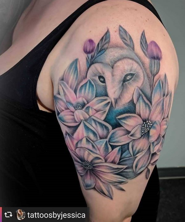 Dashing Water Color Owl Tattoo With Flowers