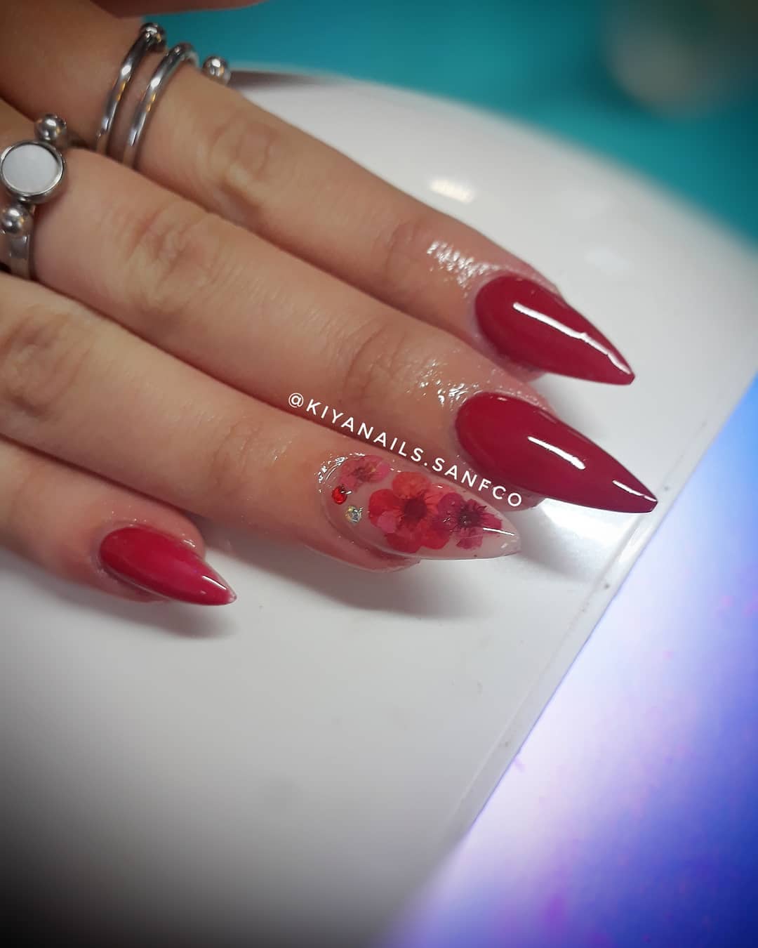 Deep Red Nails With Flower