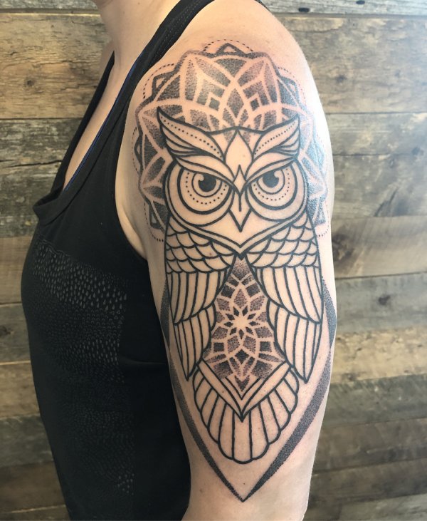 Dot Work Mandala Owl Tattoo For Half Sleeve