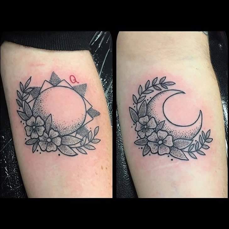 Dot Work Sun and Moon Symbol Sister Tattoo On Inner Arms
